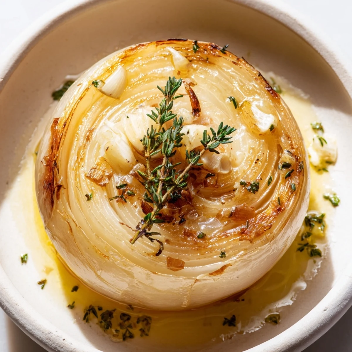 Golden, caramelized whole onion boil glistening with melted butter, herbs, ready to serve.