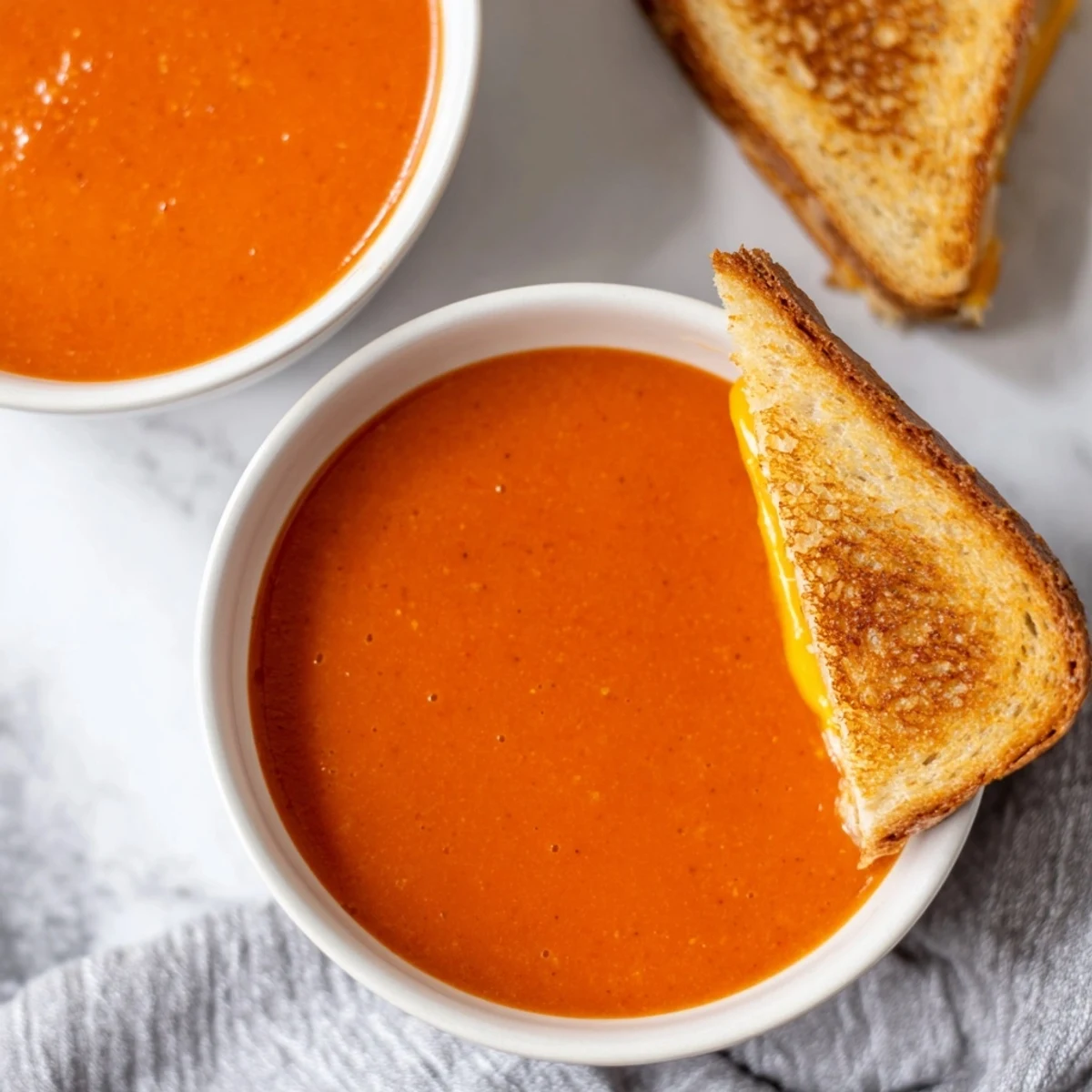Creamy 5-Ingredient Tomato Soup & Grilled Cheese with bubbling cheese ready for dipping.