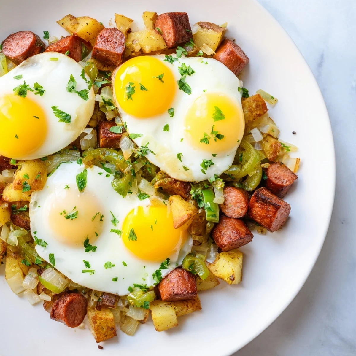 A close-up of a sizzling skillet of Egg & Potato Hash with Hot Dogs, perfect for brunch.