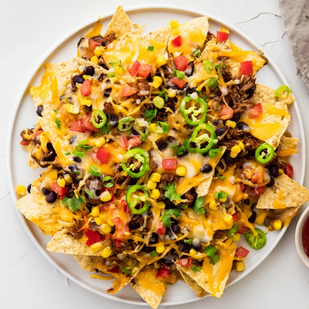 Sheet-pan nachos featuring melted cheese, colorful frozen veggies, and flavorful, seasoned beans.
