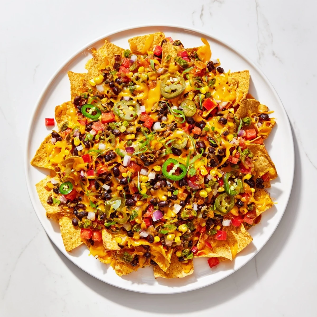 Delicious sheet-pan nachos piled high with seasoned beans, cheese, and fresh garnishes for a tasty meal.