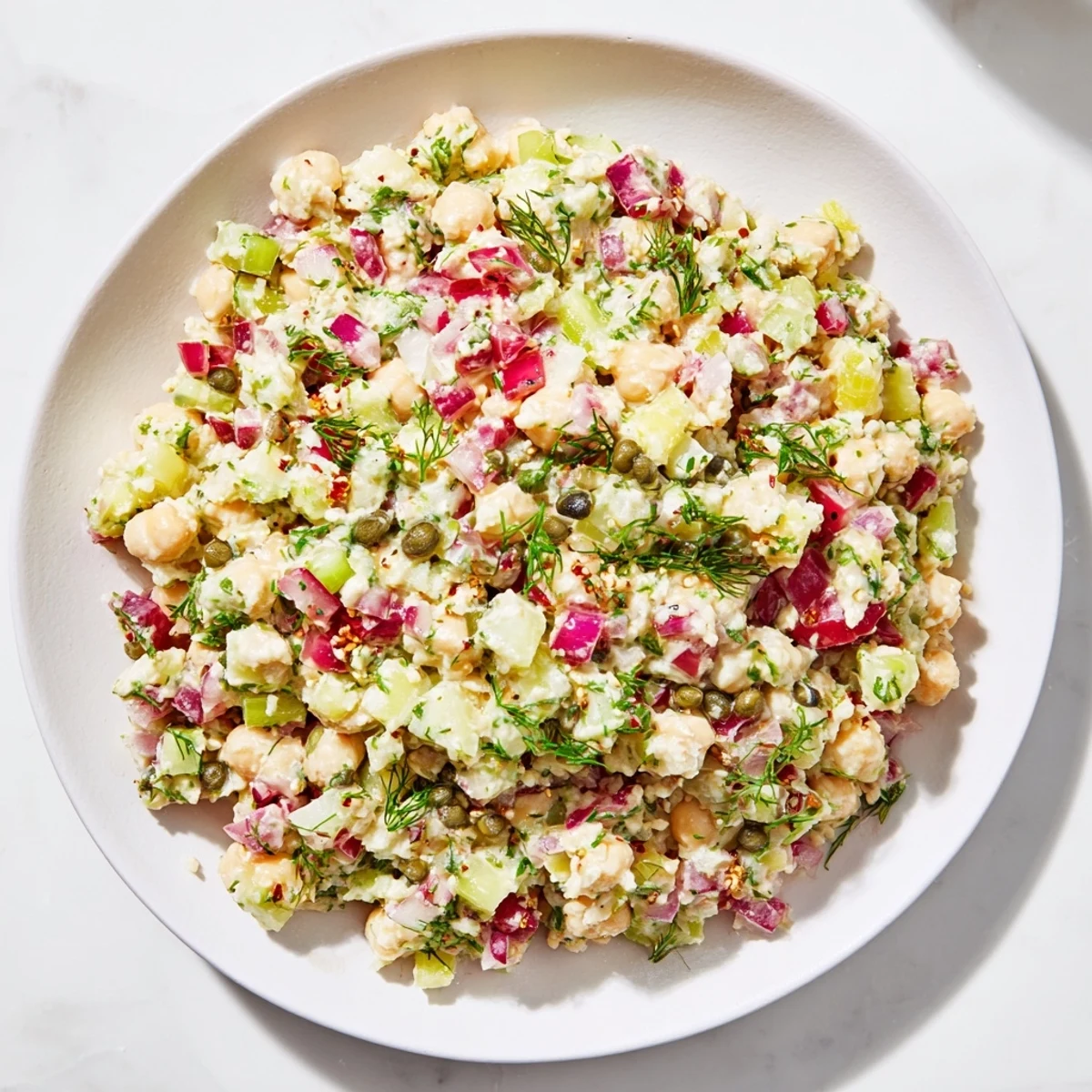 Creamy chickpea tuna salad, a flavorful vegan lunch, ready with fresh herbs and crunchy veggies.