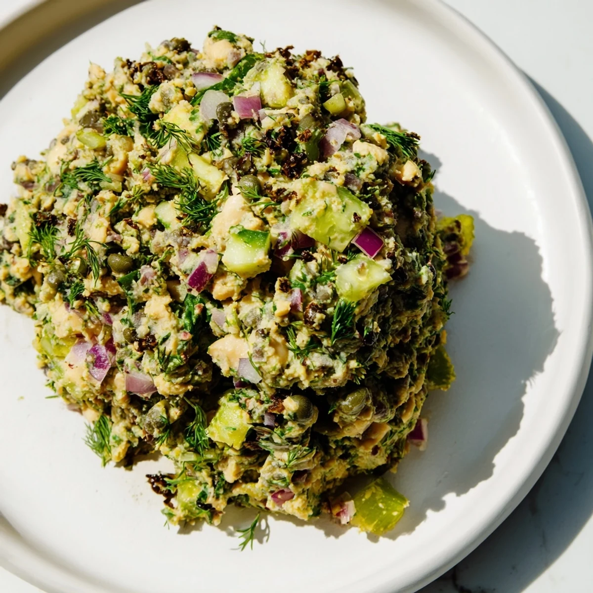 Vibrant close-up of the chickpea tuna salad, perfect on whole-wheat bread for a quick meal.