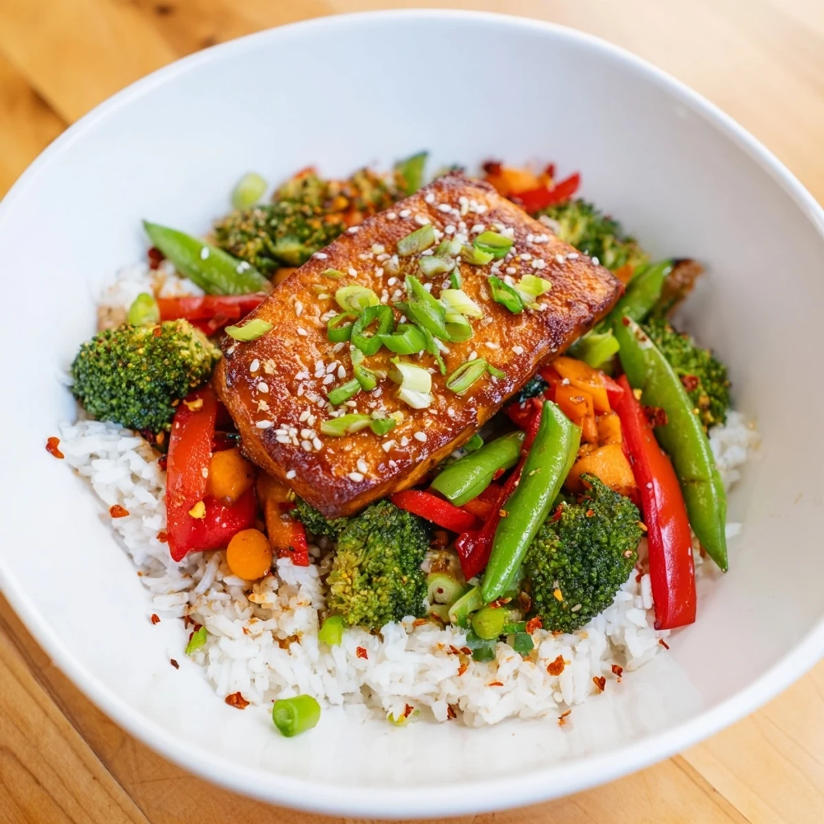Golden-brown pressed tofu steaks sit atop colorful stir-fried vegetables with white rice.