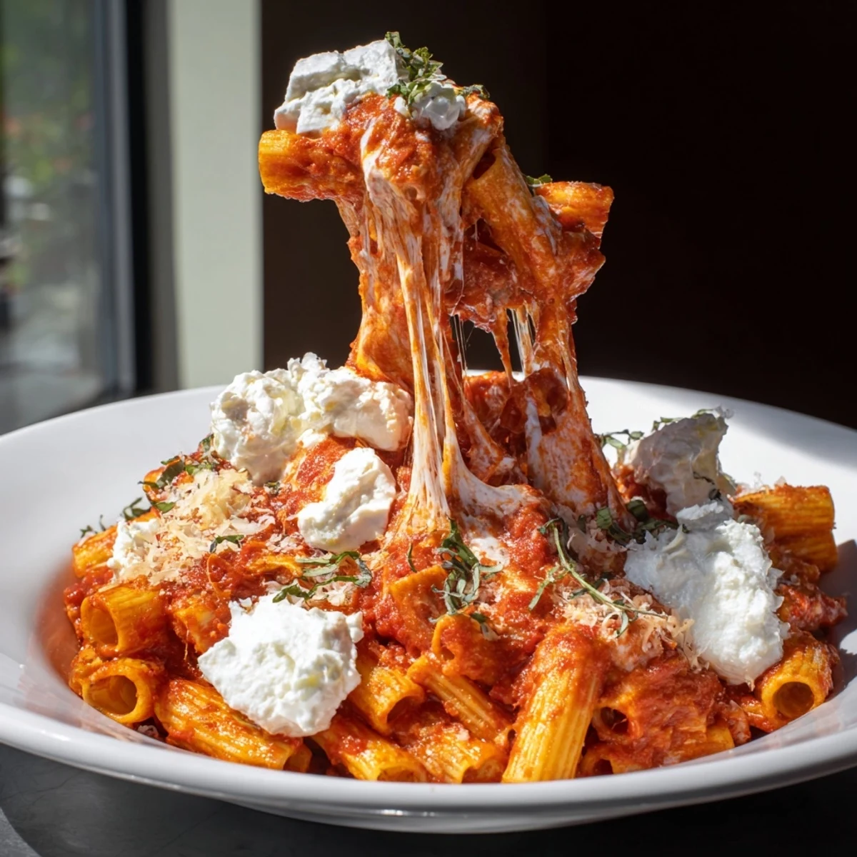 A bubbling, golden-brown pan of one-pan baked ziti with melted mozzarella cheese and ricotta.