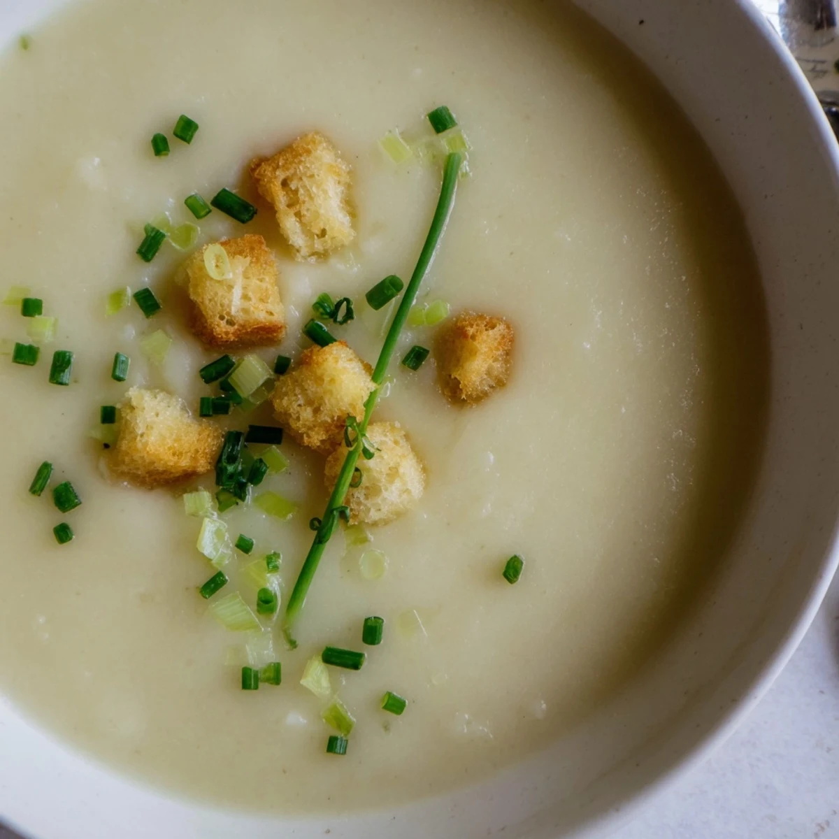 Steaming bowl of Potato Leek Soup, garnished with chives and offering a comforting, creamy texture.