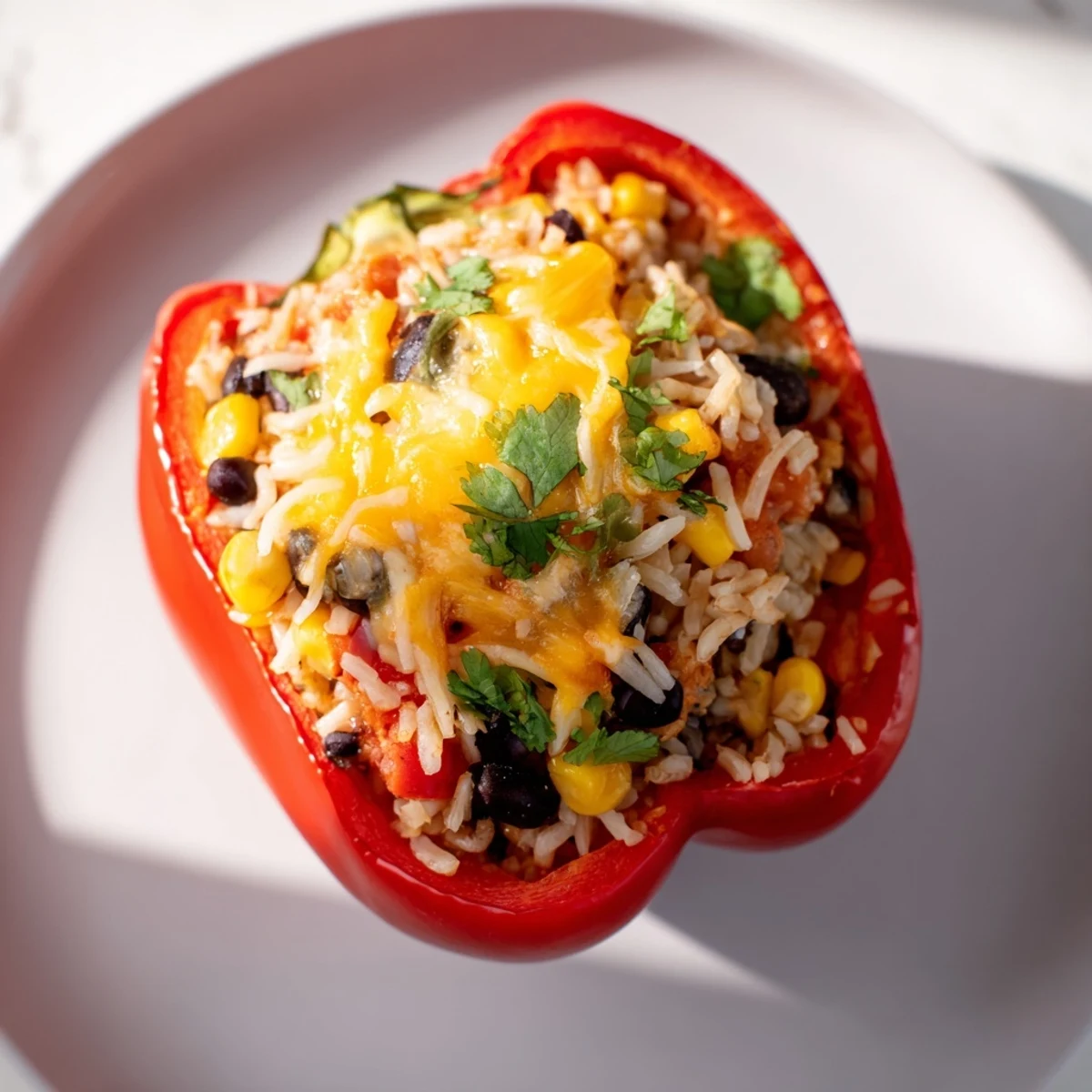 Savory Stuffed Bell Peppers, overflowing with a cheesy rice and bean mixture, baked to tender perfection.