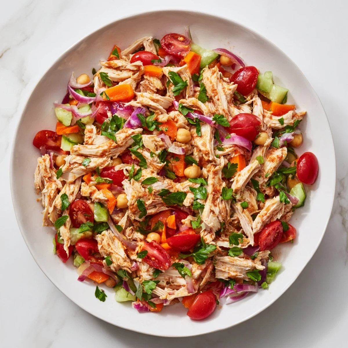 Tender shredded chicken nestled with colorful veggies in a vibrant Chicken Salad dish.