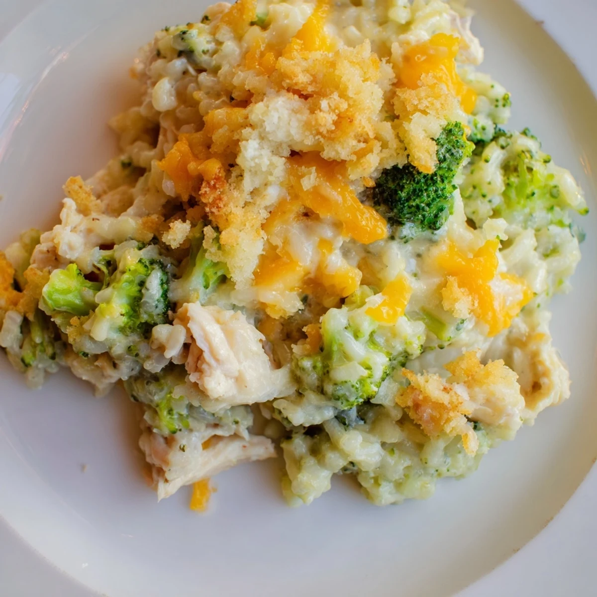 Golden brown Chicken & Broccoli Rice Casserole bubbling hot, perfect for a cozy family dinner tonight.