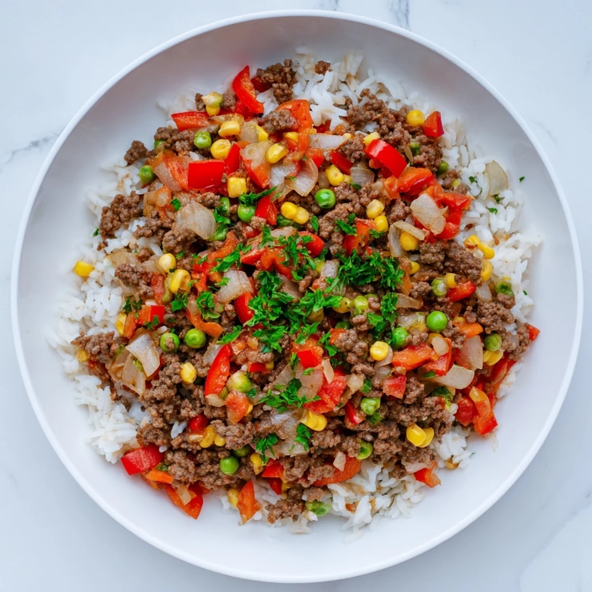 Ground Beef Skillet with Veggies & Rice, a colorful one-pan meal with fluffy rice and savory meat.