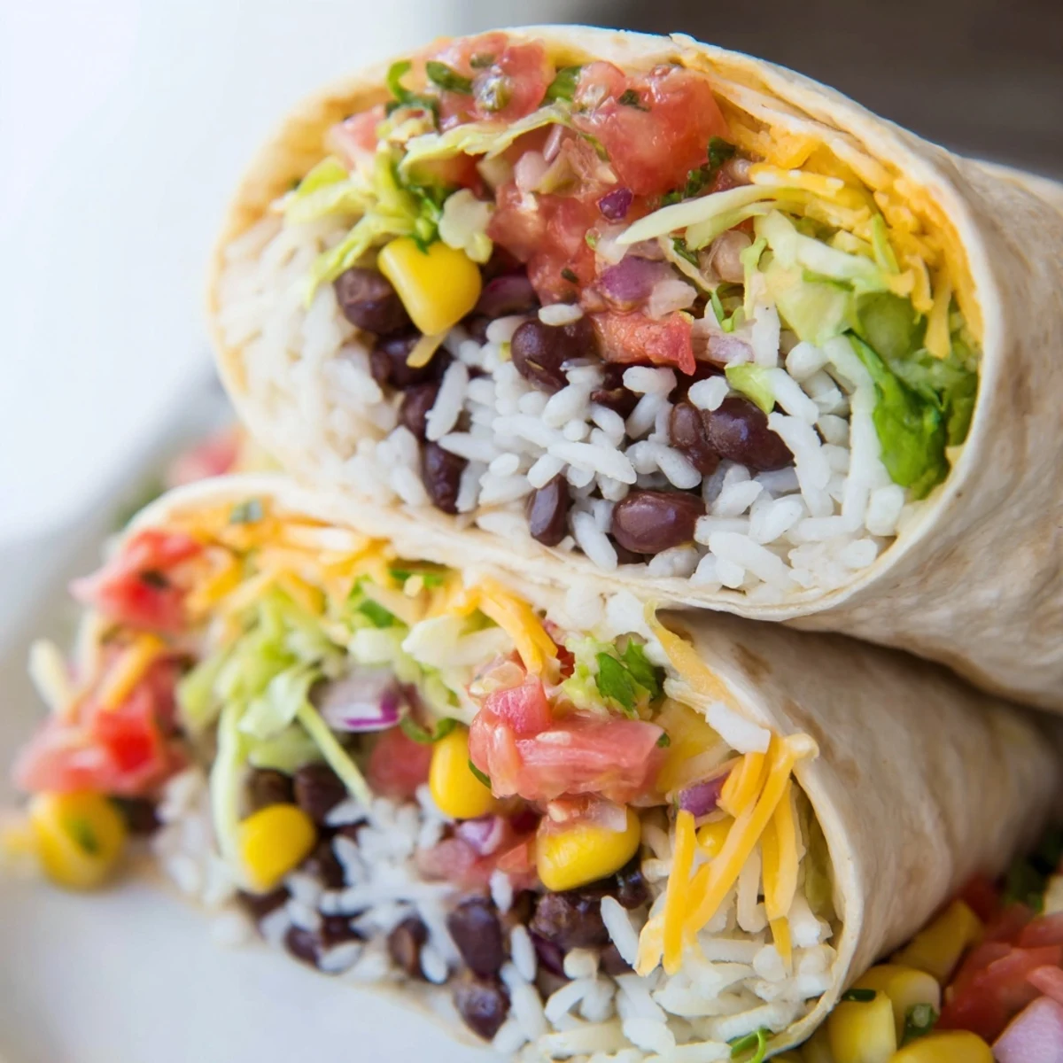 A close-up of a perfectly wrapped Rice & Bean Burrito showing off its flavorful filling, ready to eat.