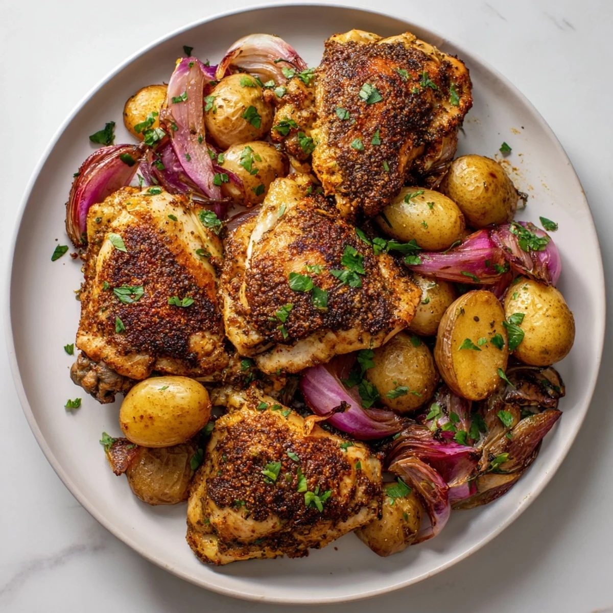 Tender Sheet Pan Zaatar Chicken with roasted potatoes, featuring crispy skin and bright herbs, perfect for dinner.