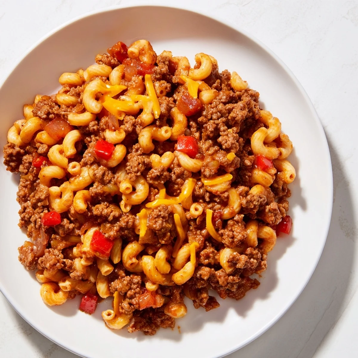 A bubbling skillet of Cheeseburger Chili Mac, topped with melted cheddar, ready to eat.