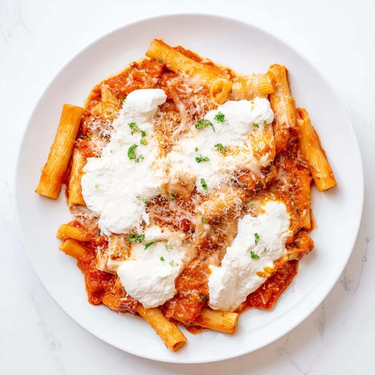 A close-up of steaming slow cooker baked ziti, a delicious vegetarian pasta dinner option.