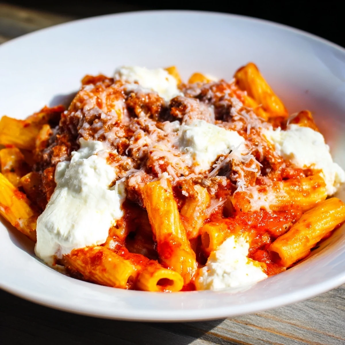 Creamy, cheesy slow cooker baked ziti – a simple, five-ingredient recipe ready to serve.