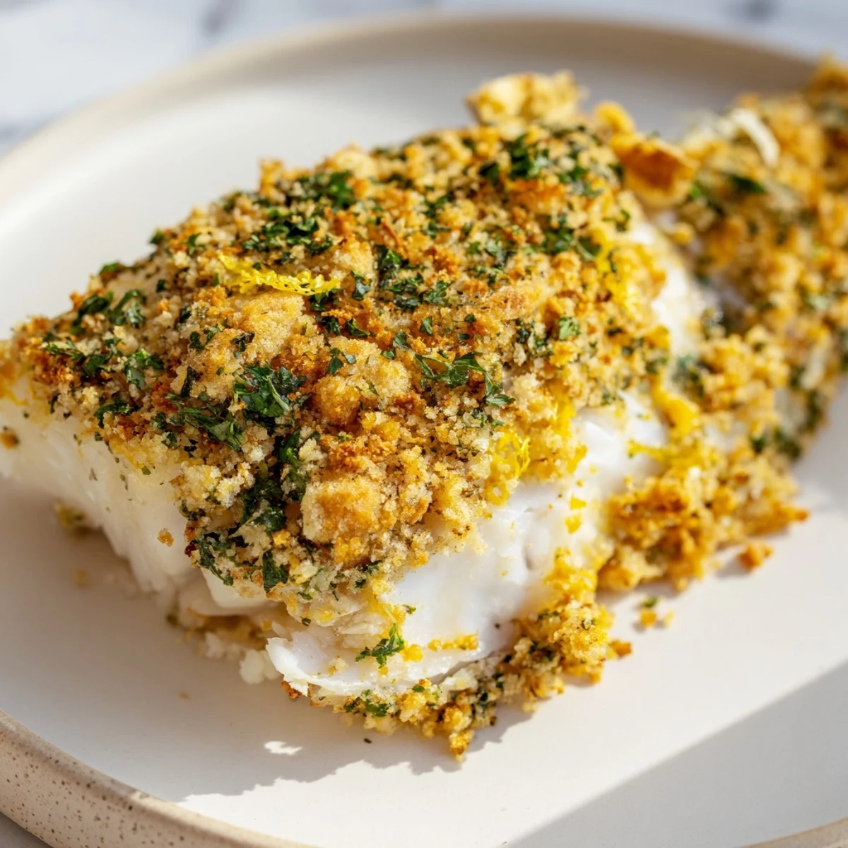 Flaky baked cod with crispy Ritz cracker topping, served with lemon wedges and parsley.