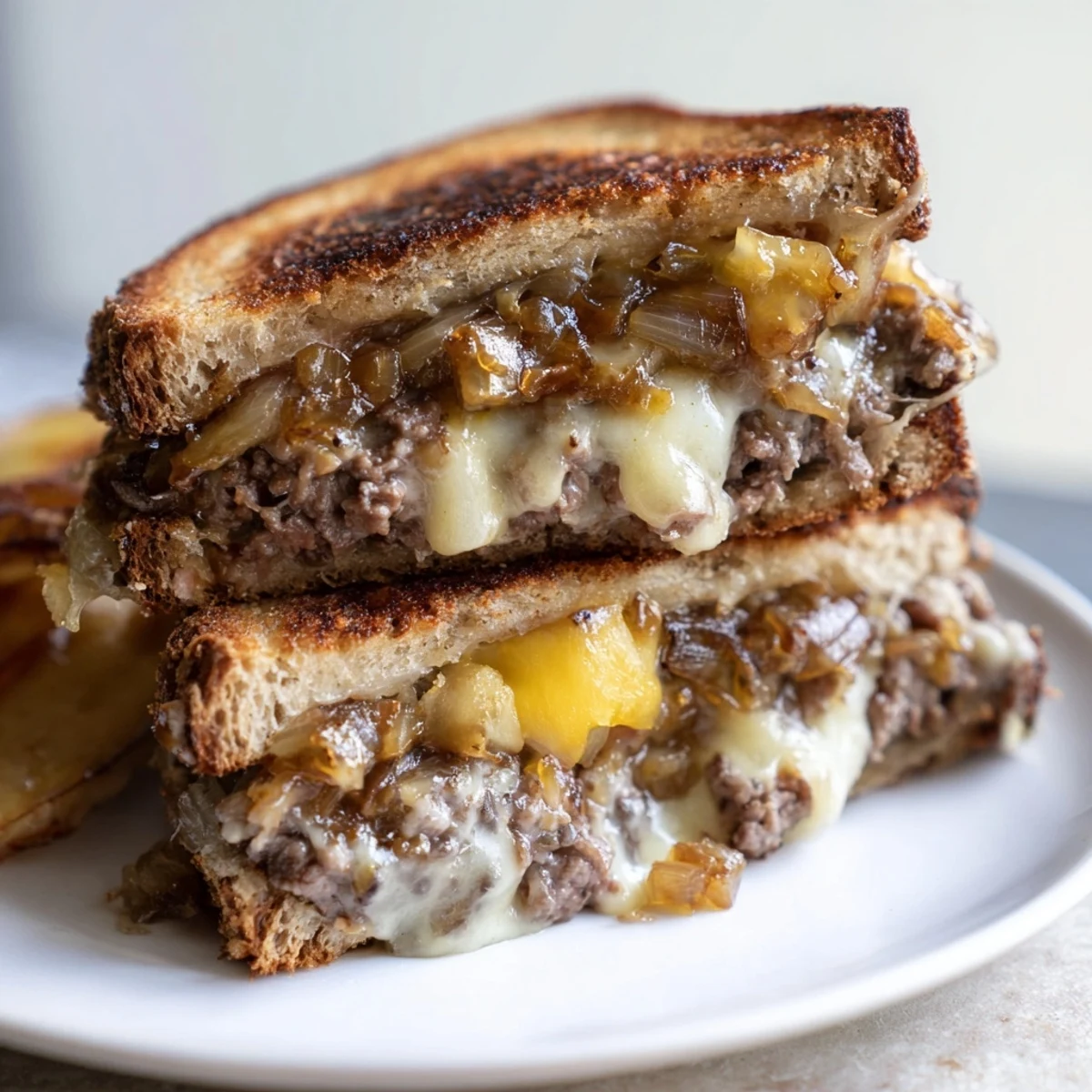 Golden-brown Patty Melt Skillet: A delicious skillet meal oozing with melted Swiss cheese.