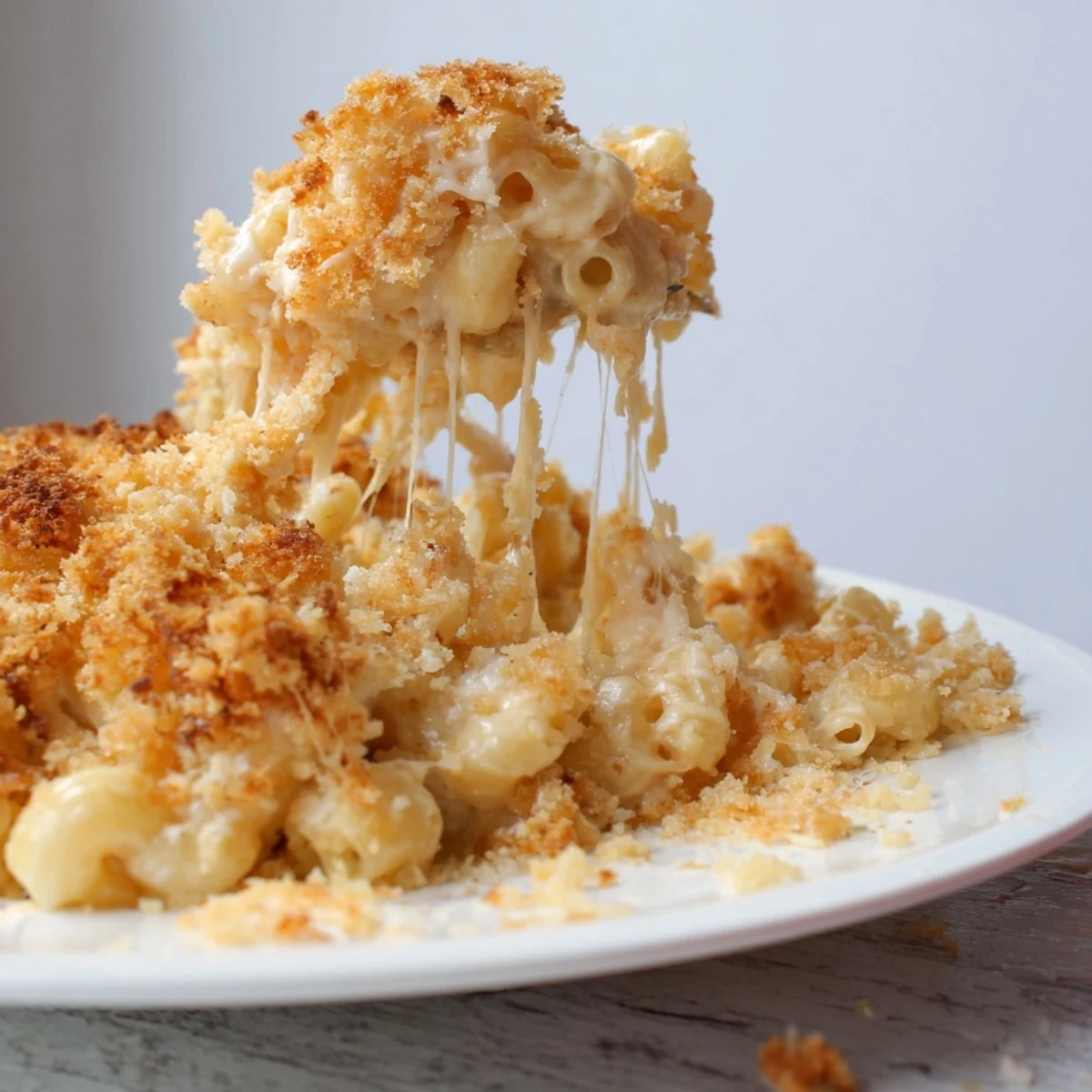 Golden, bubbling Old-Fashioned Baked Mac & Cheese with a crispy breadcrumb topping, perfect comfort food.