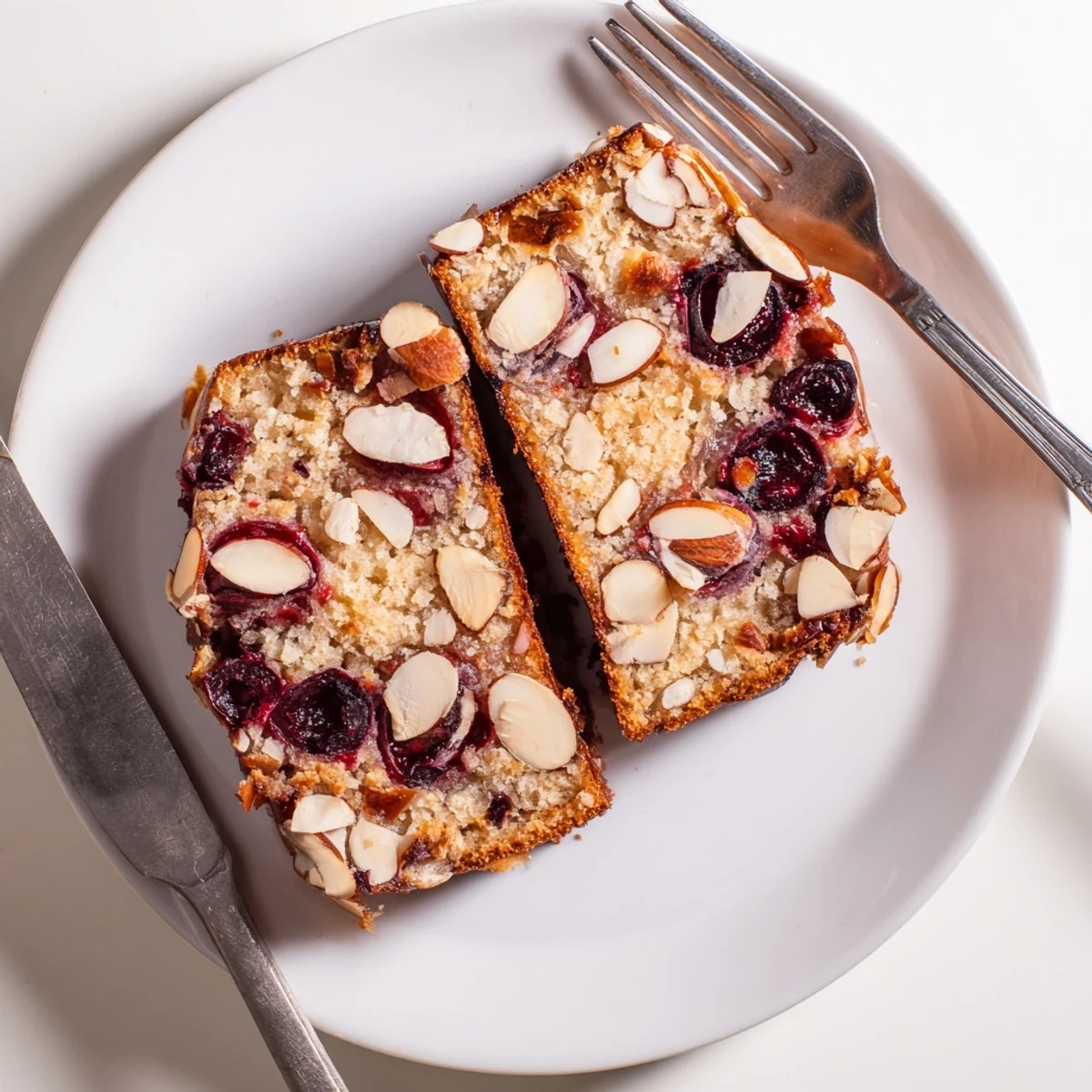 Moist Cherry Almond Loaf Cake with glistening sugar topping, ready to slice and eat.