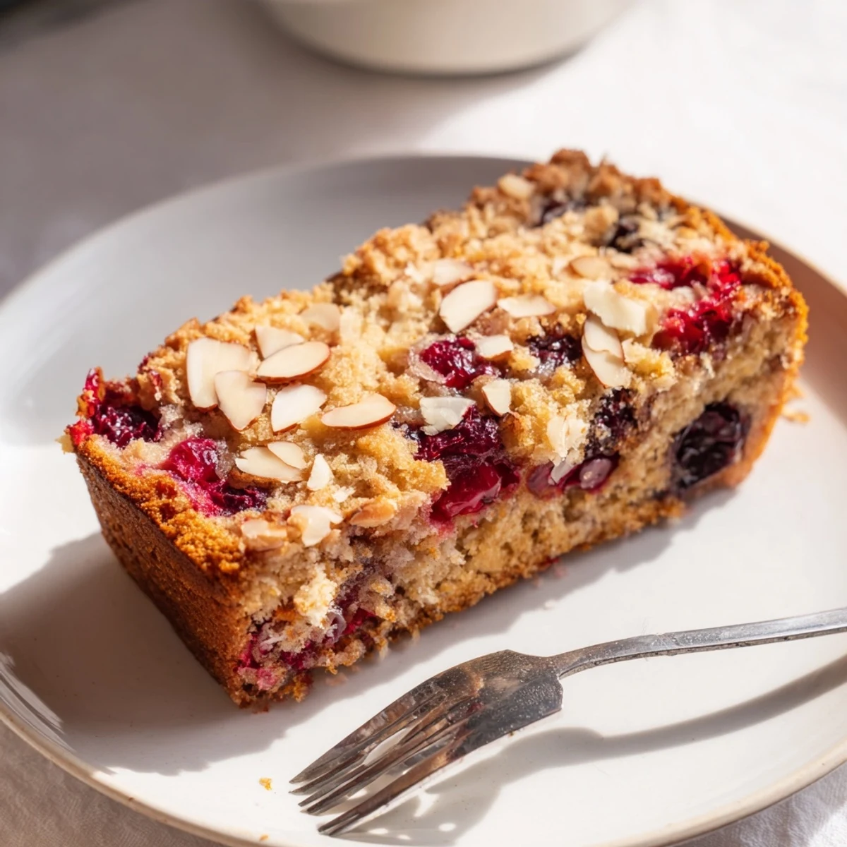 Warm and inviting, freshly baked Cherry Almond Loaf Cake with toasted almond sprinkles.
