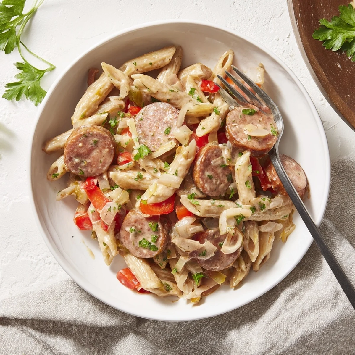 Smoked Sausage Cajun Alfredo with penne: a creamy pasta dish with smoky sausage and vibrant red pepper pieces.