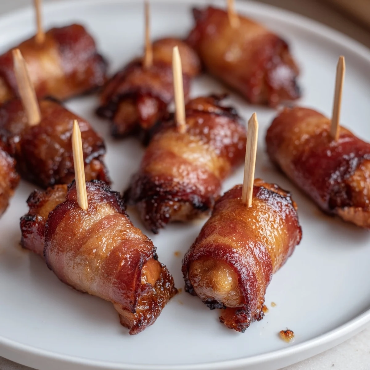 Savory bacon circles around cocktail sausages in these tasty 3-Ingredient Bacon-Wrapped Smokies, ready to eat.