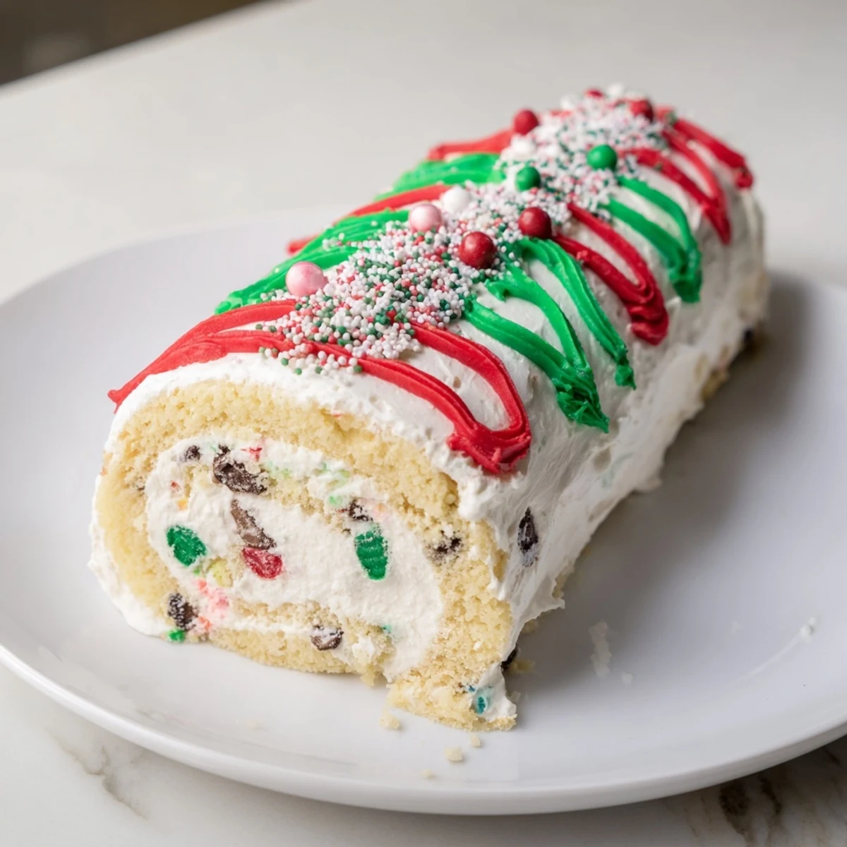 Festively decorated Ugly Sweater Cake Roll slices, showcasing colorful frosting and holiday sprinkles.