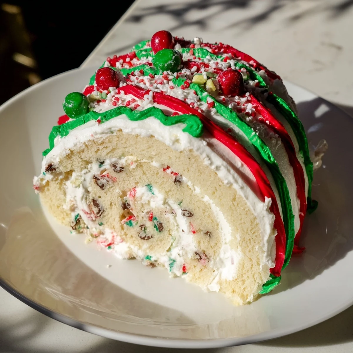 Close-up of a homemade Ugly Sweater Cake Roll, ready to serve and filled with whipped cream.