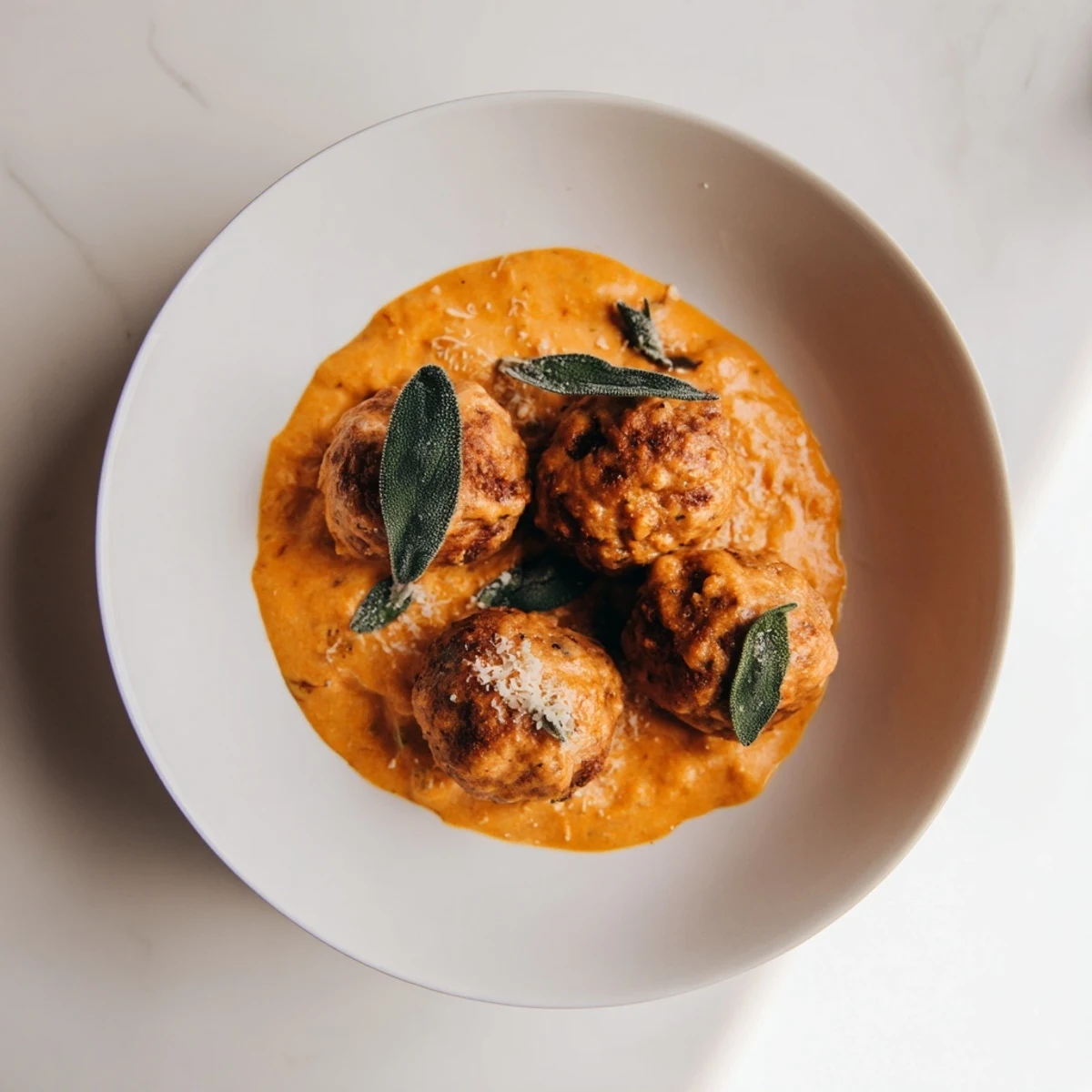 Golden, autumn-hued turkey meatballs swimming in creamy pumpkin sage sauce, ready to serve.