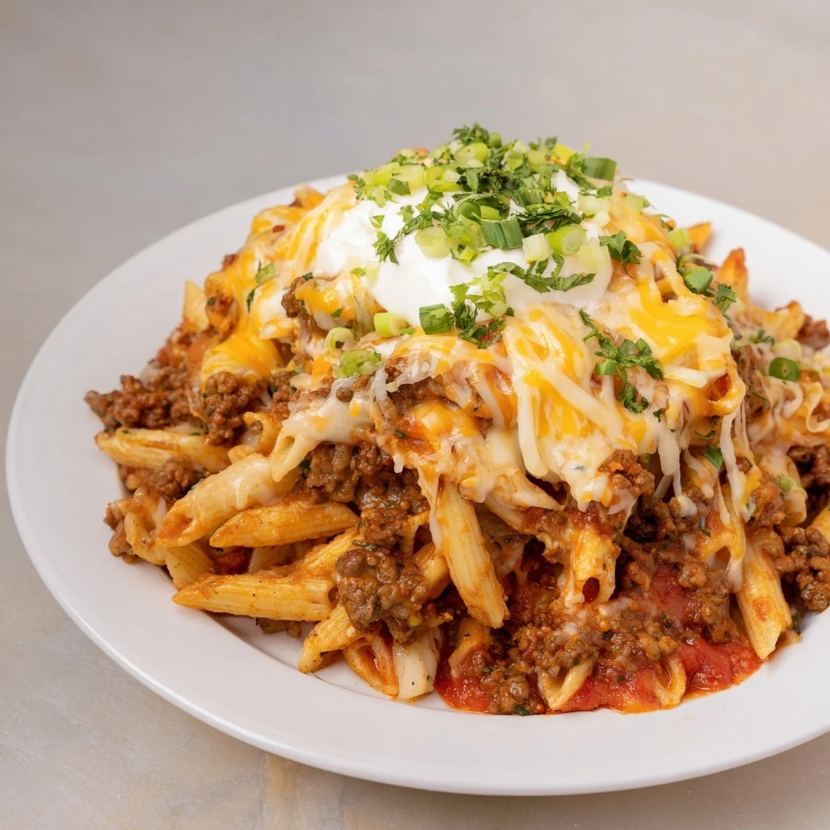Easy beef enchilada pasta, a one-pot meal, with melted cheese and fresh cilantro garnishing.
