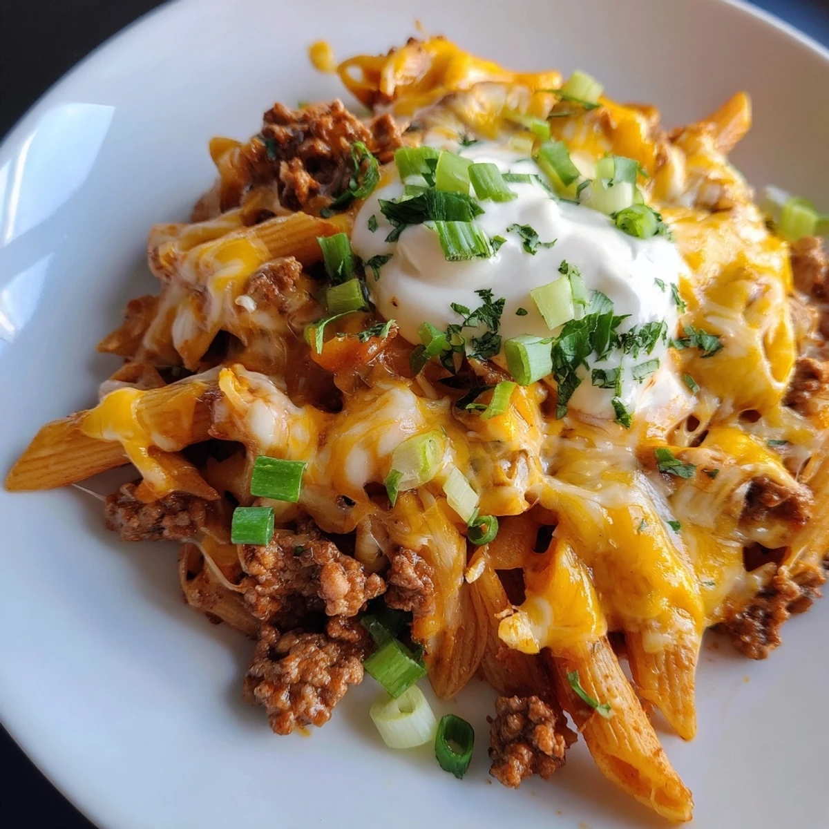 Savory easy beef enchilada pasta with penne, ground beef, and a vibrant, flavorful enchilada sauce.