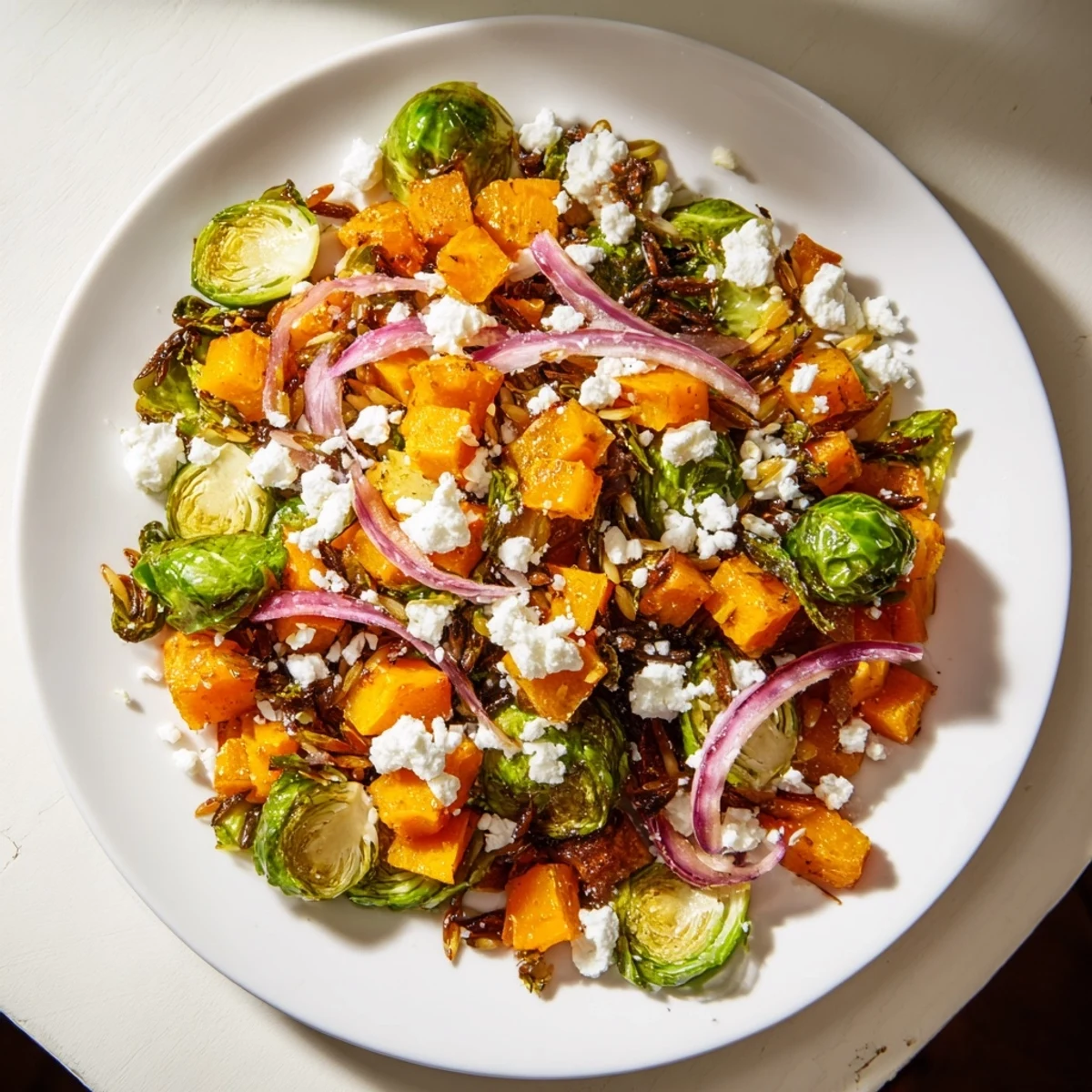 Vibrant Fall Harvest Orzo Salad with roasted veggies and crumbled goat cheese, ready to eat!