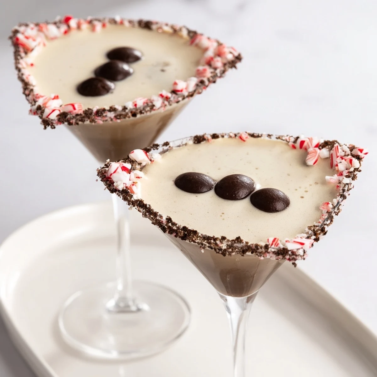Creamy Peppermint Espresso Martini, garnished with espresso beans, a delightful holiday cocktail.