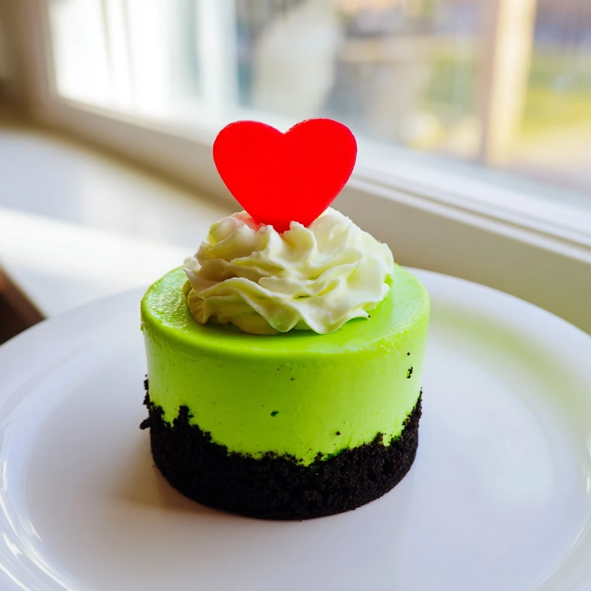 Bright green Grinch Mini Cheesecakes, topped with whipped cream and red heart sprinkles, ready to serve.