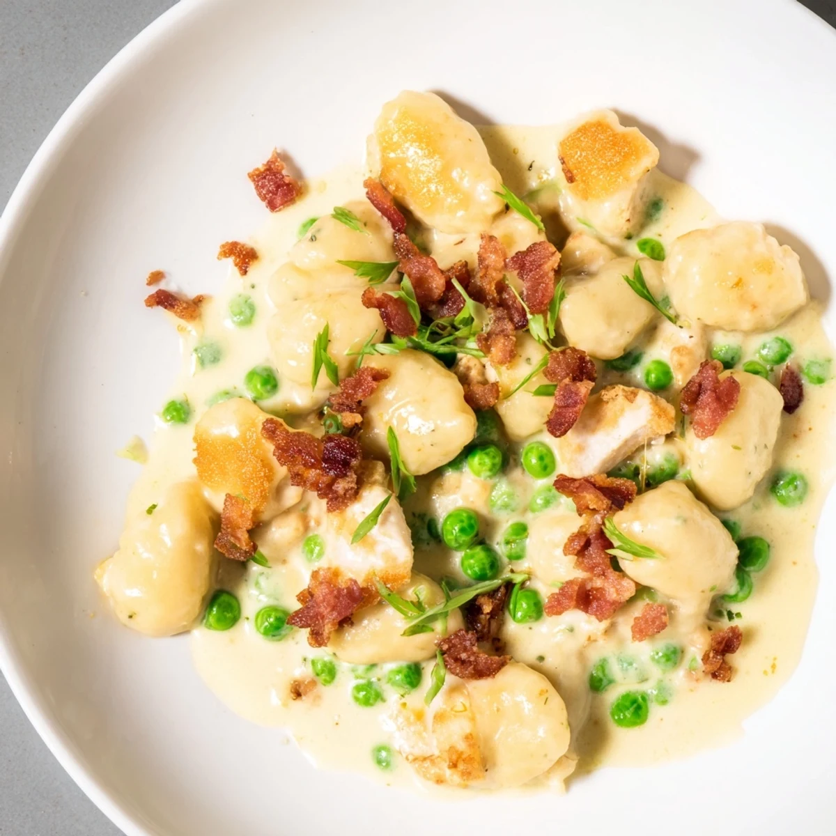 Creamy Crack Chicken Gnocchi, a comforting meal with melted cheese and crispy bacon, ready to be enjoyed.