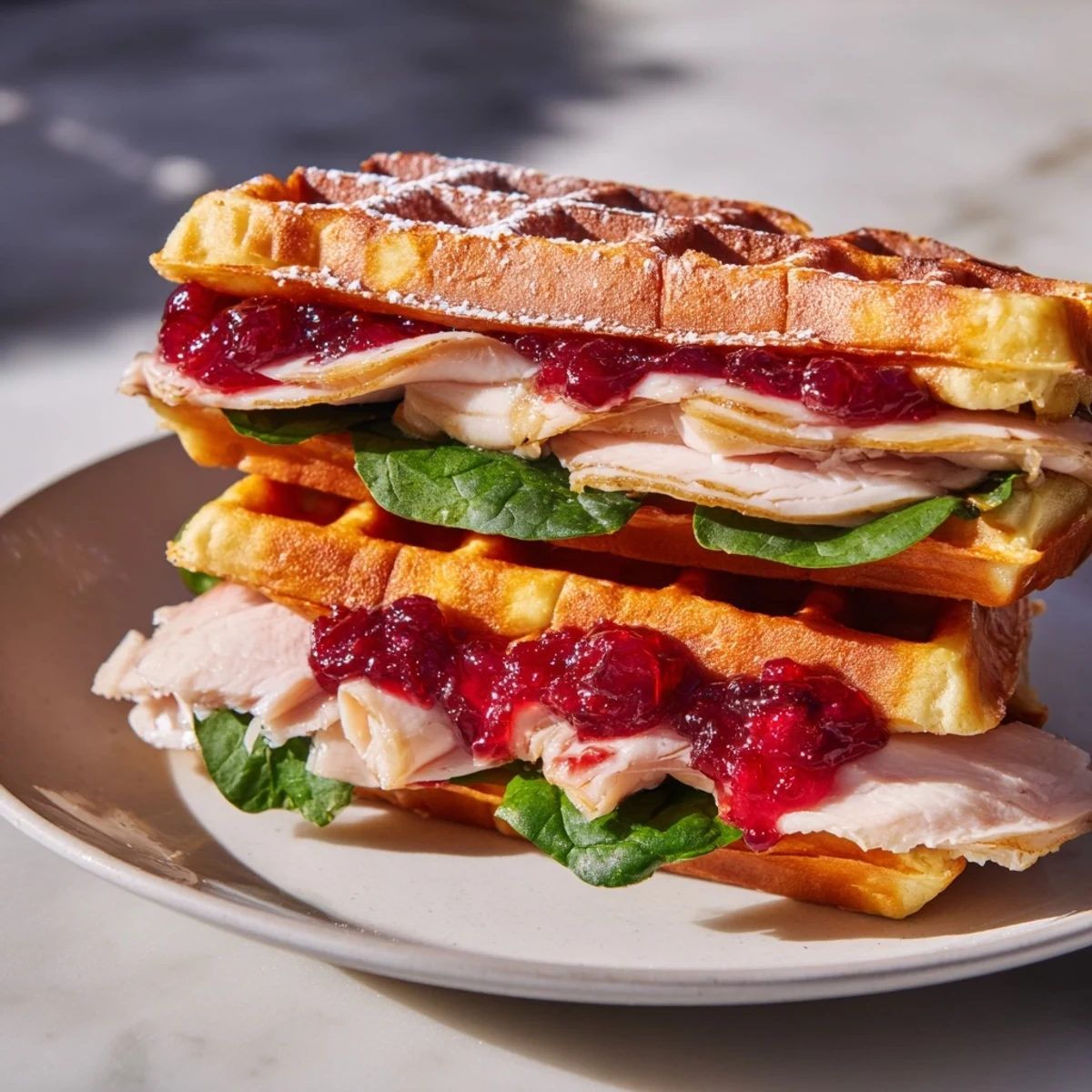 Golden, toasted Easy Holiday Waffle Sandwiches, stacked high with turkey, cranberry sauce, and melted cheese, ready to eat.