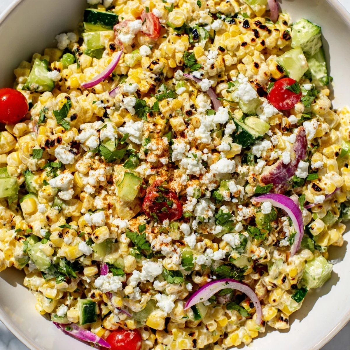 This Mexican Street Corn Chopped Salad features charred corn, creamy dressing, and crumbled Cotija cheese.