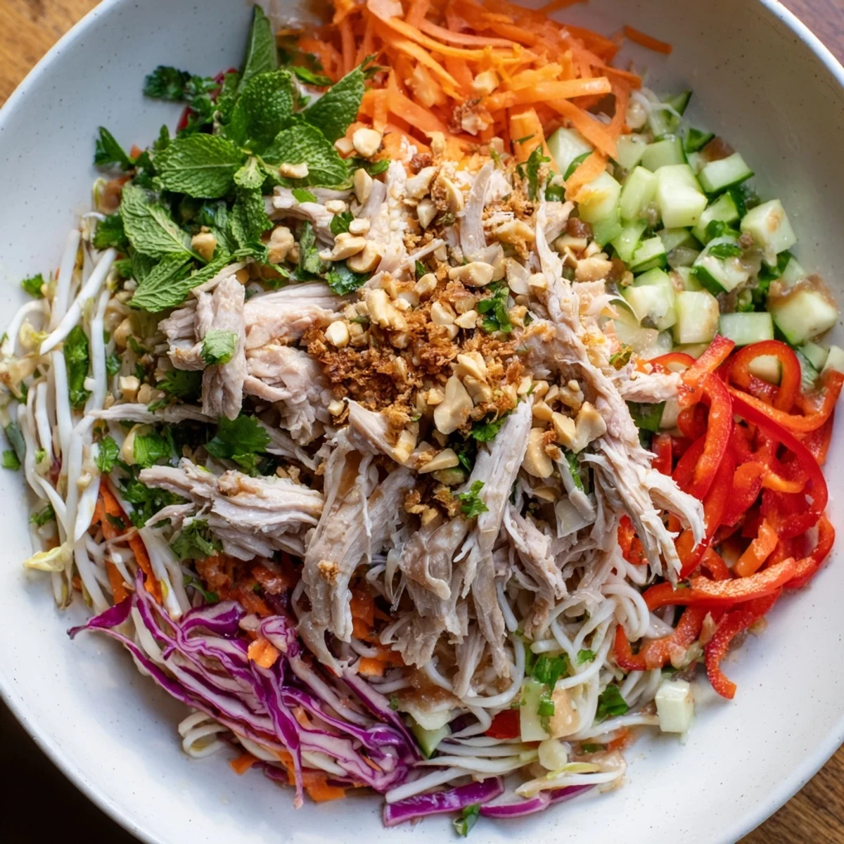 Close-up of a delightful Vietnamese Crunch Noodle Salad with shredded chicken, ready for a flavorful bite.
