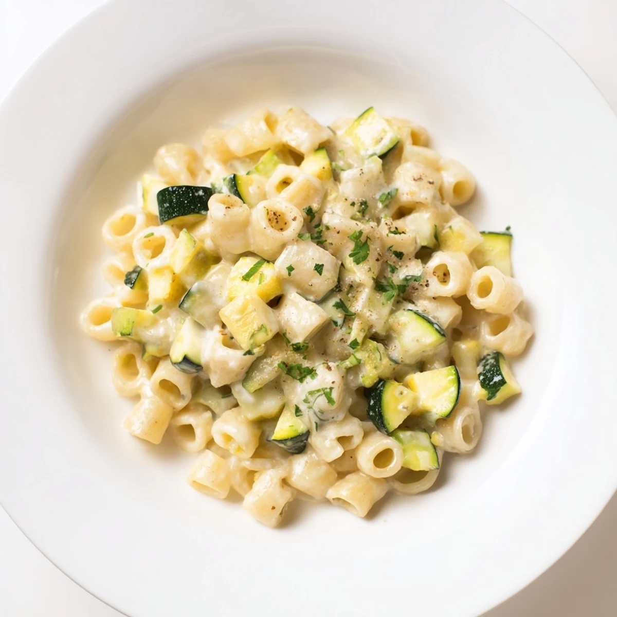One-Pot Creamy Zucchini Ditalini pasta, ready to eat, served in a bowl, with fresh parsley and cheese.