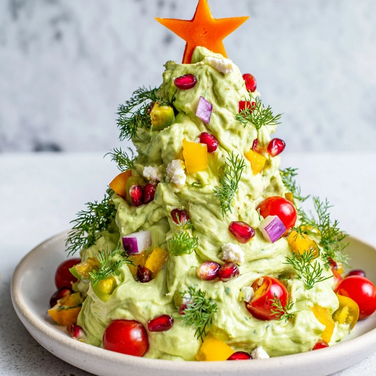 A vibrant Christmas tree dip, a healthy whipped avocado creation topped with fresh herbs and feta.