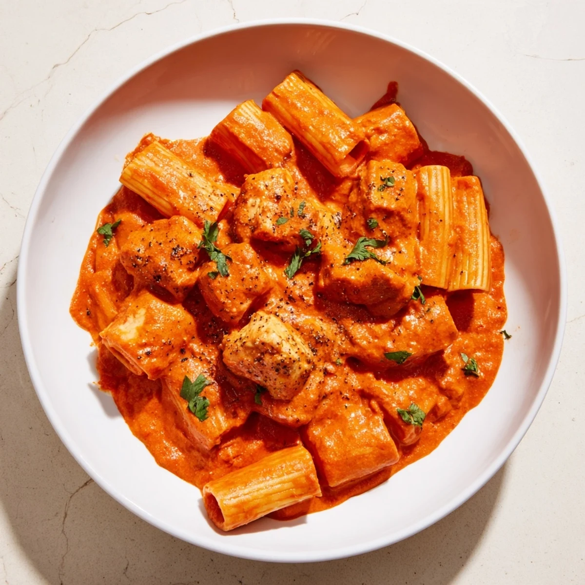 Tender pasta coated in a vibrant, creamy Chicken Tikka Masala, ready for serving.