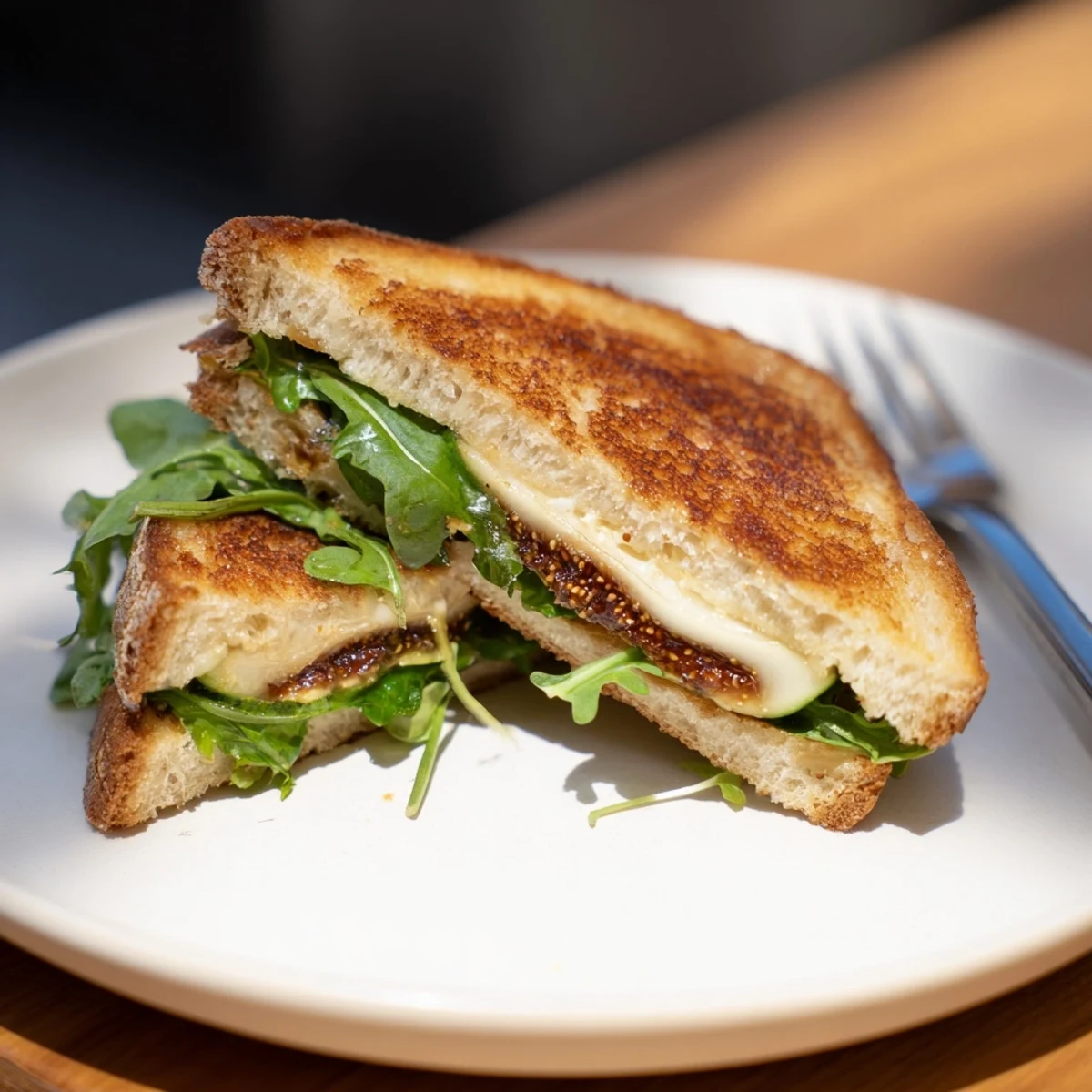 Golden-brown Fig, Brie & Arugula Grilled Cheese, oozing melted cheese and fresh arugula, smells divine!