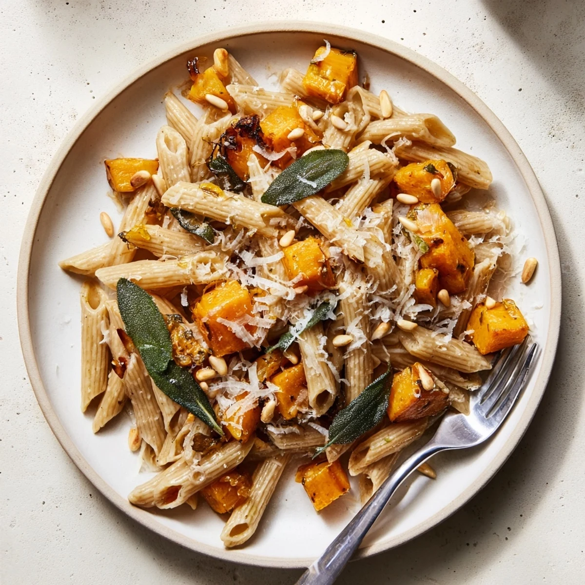 Warm bowl of butternut squash and sage pasta with toasted pine nuts, a delicious vegetarian meal.