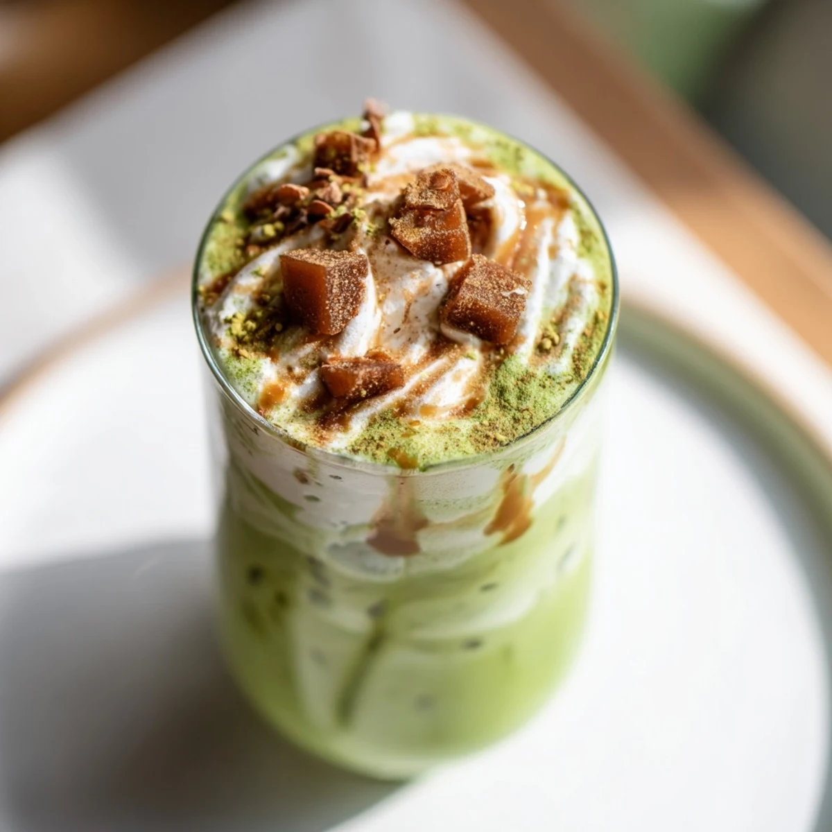Iced Caramel Brulée Matcha Christmas Coffee Dupe, a layered delight with fluffy whipped cream and caramel.