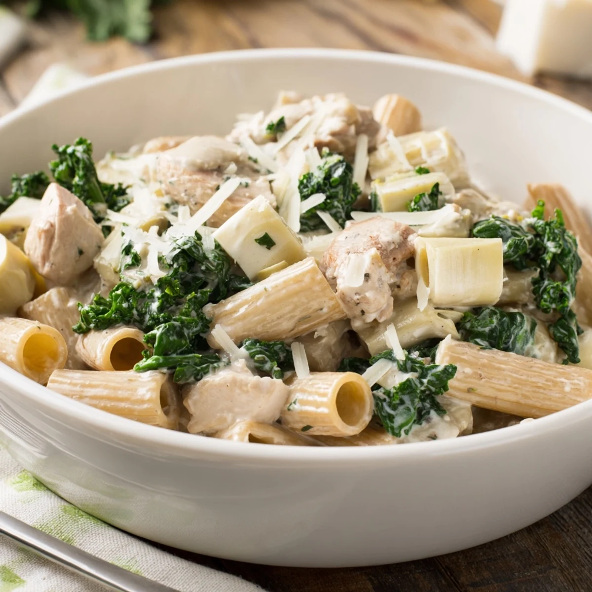 One-pan Creamy Spinach Artichoke Protein Pasta Skillet: a comforting meal with visible spinach bits.