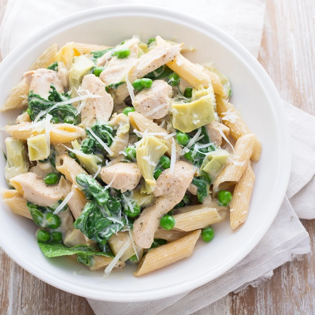 This savory Creamy Spinach Artichoke Protein Pasta Skillet looks warm and inviting, perfect for dinner.