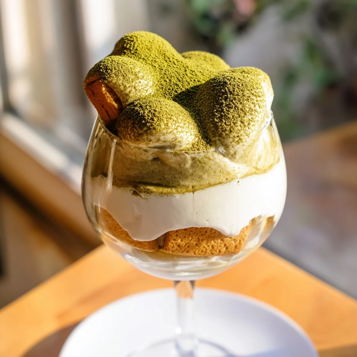 Enjoy homemade Matcha Mascarpone Tiramisu Snow Cups; a delicious chilled dessert layered to perfection.