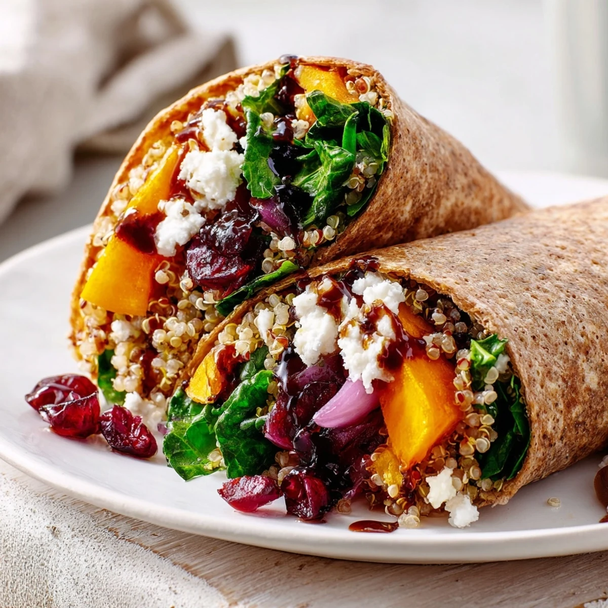 Golden roasted Brussels sprouts and cranberry wrap, filled with quinoa, a yummy vegetarian delight.