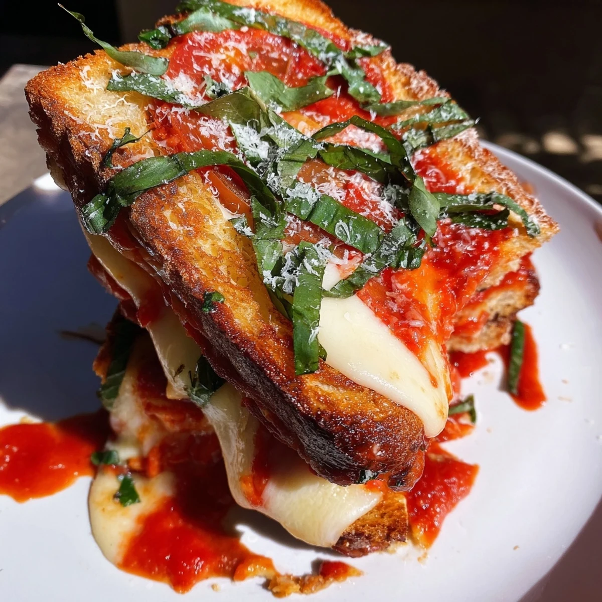 Melted mozzarella oozes from air fryer pizza Margherita grilled cheese, with ripe tomatoes and herbs visible.