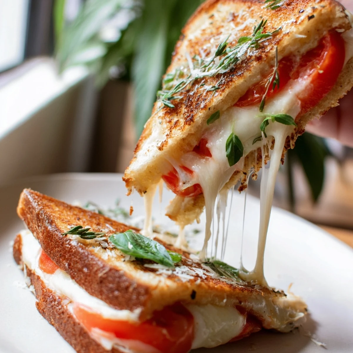 The crispy crust of the air fryer pizza Margherita grilled cheese sandwich promises a flavorful bite with melted cheese.